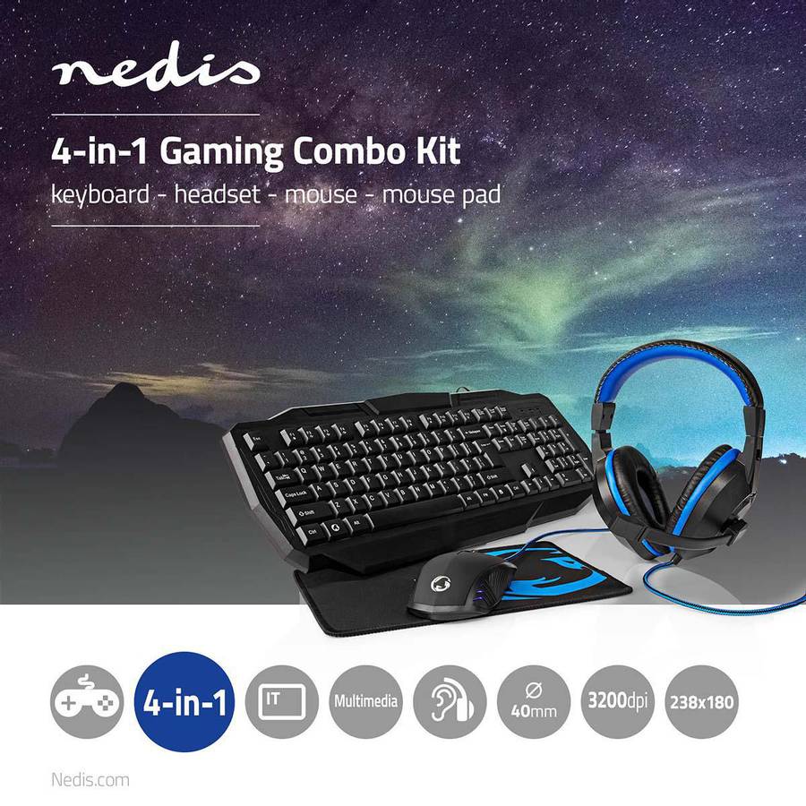 Nedis Gaming Combo Kit, tastatur, headset, mus og musematte