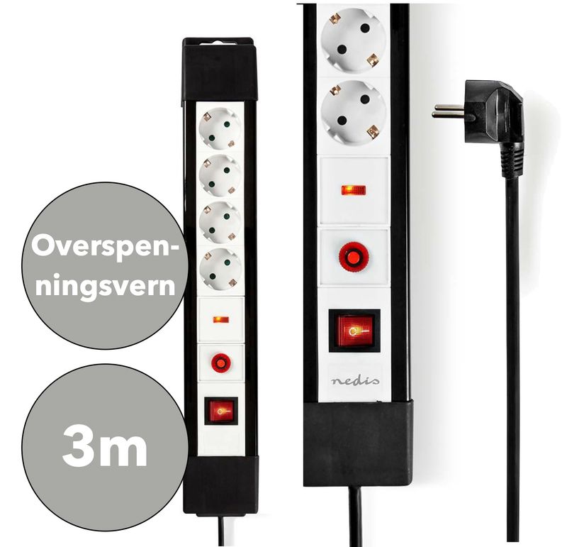 Nedis Strømforgrener med Overspenningsvern, 4 Kontakter, 3m kabel