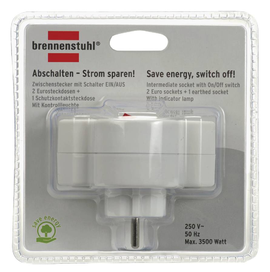 Brennenstuhl Stikkontakt Splitter m/ av-på bryter 1 x Jordet Kontakt / 2 x Euro Hvit