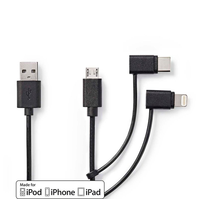 Nedis 3-in-1 kabel - USB 2.0 / USB-A Han / Apple Lightning / USB Micro-B Han / USB-C Han, 1m