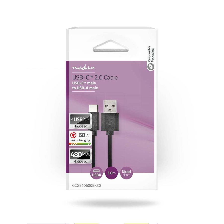 Nedis USB 2.0 -kabel, USB-A Han - USB Type-C Han, 60 W, 480 Mbps 3M 
