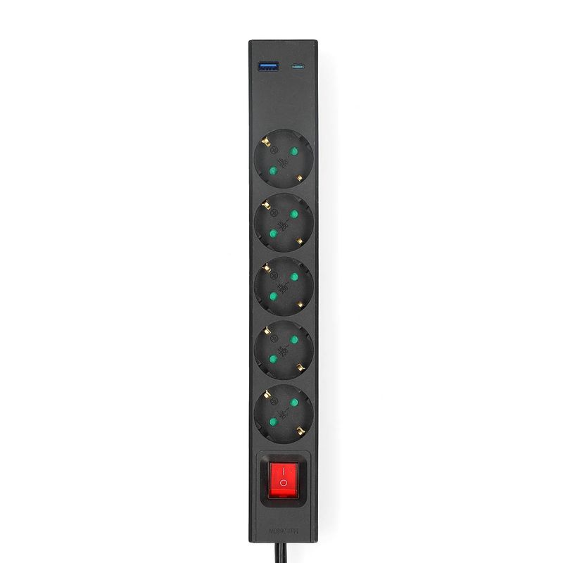 Nedis 5-veis strømforgrener, 3680W, USB-A og C lading, 1,5m kabel,  Av/på-bryter