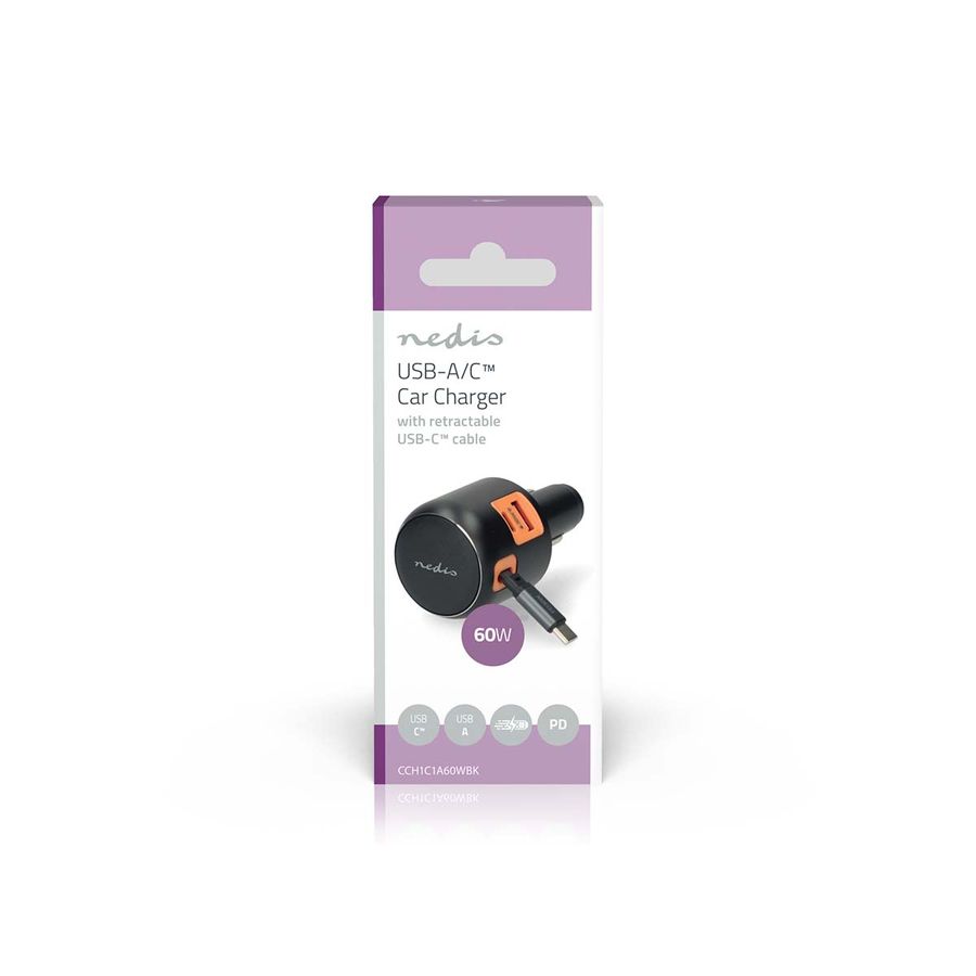 Nedis Billader 60W, 3.0A, USB-A / USB-C, Uttrekkbar USB-C-kabel, 0.70m