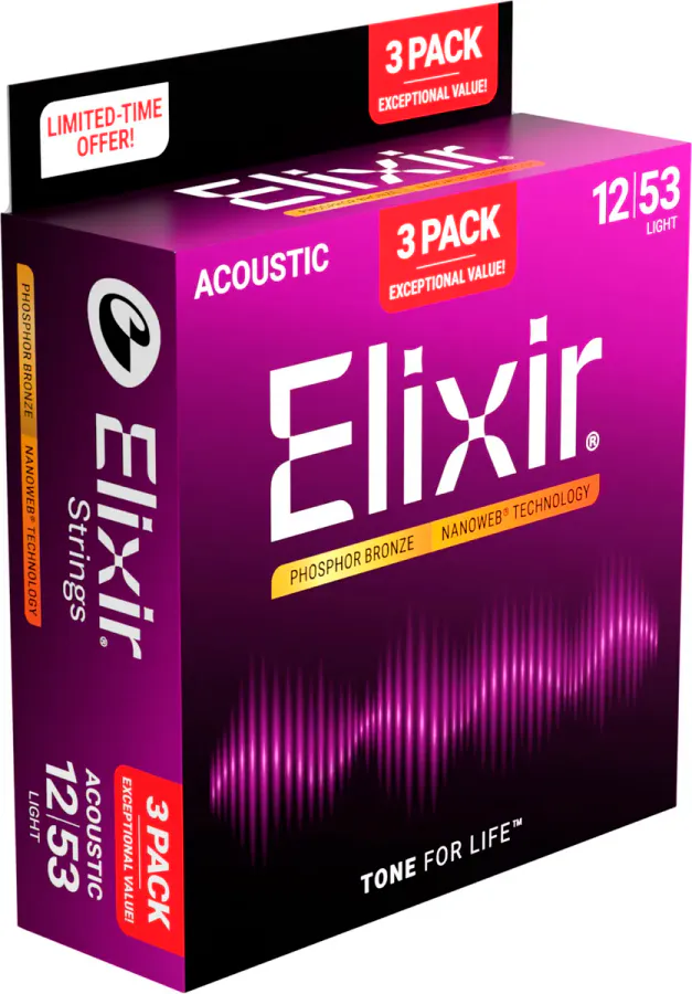 Elixir 16569 Phosphor Bronze Acoustic NANOWEB 012-053, 3 pack