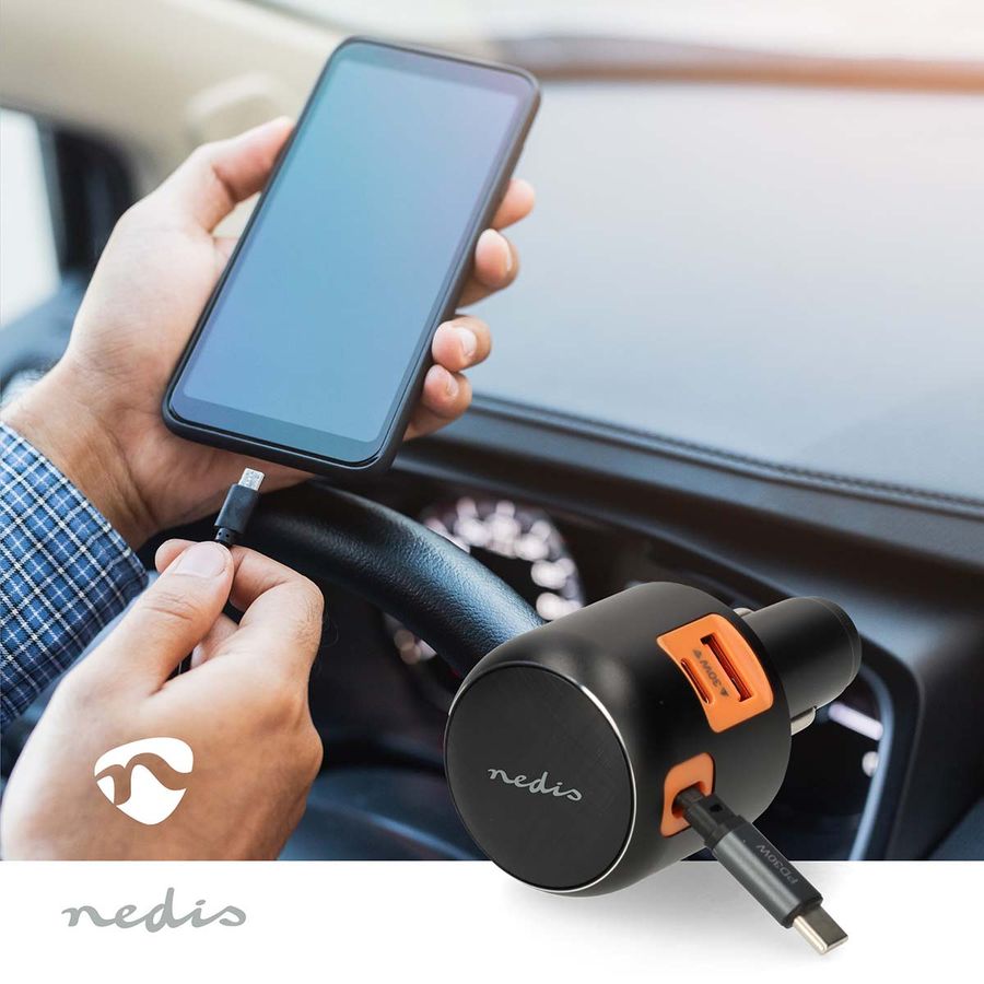 Nedis Billader 60W, 3.0A, USB-A / USB-C, Uttrekkbar USB-C-kabel, 0.70m
