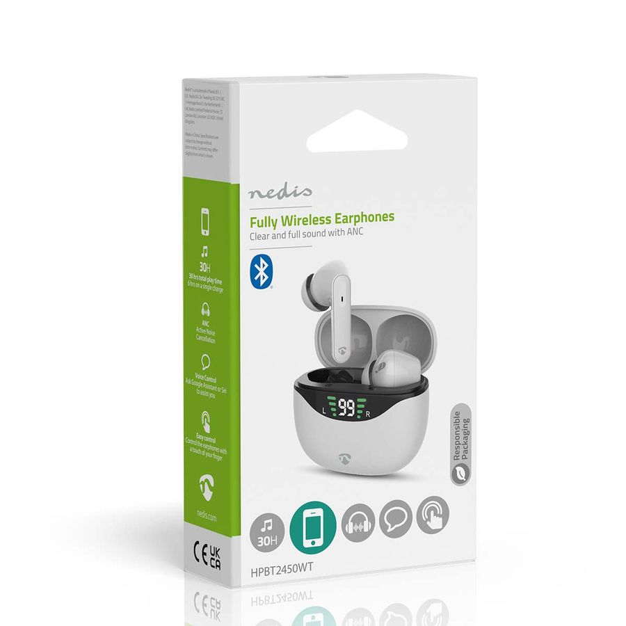 Nedis Pods ANC (Active Noise Cancelling, Bluetooth, 30 timer, Touch kontroll, Trådløs ladeetui, Innebygd mikrofon, hvit