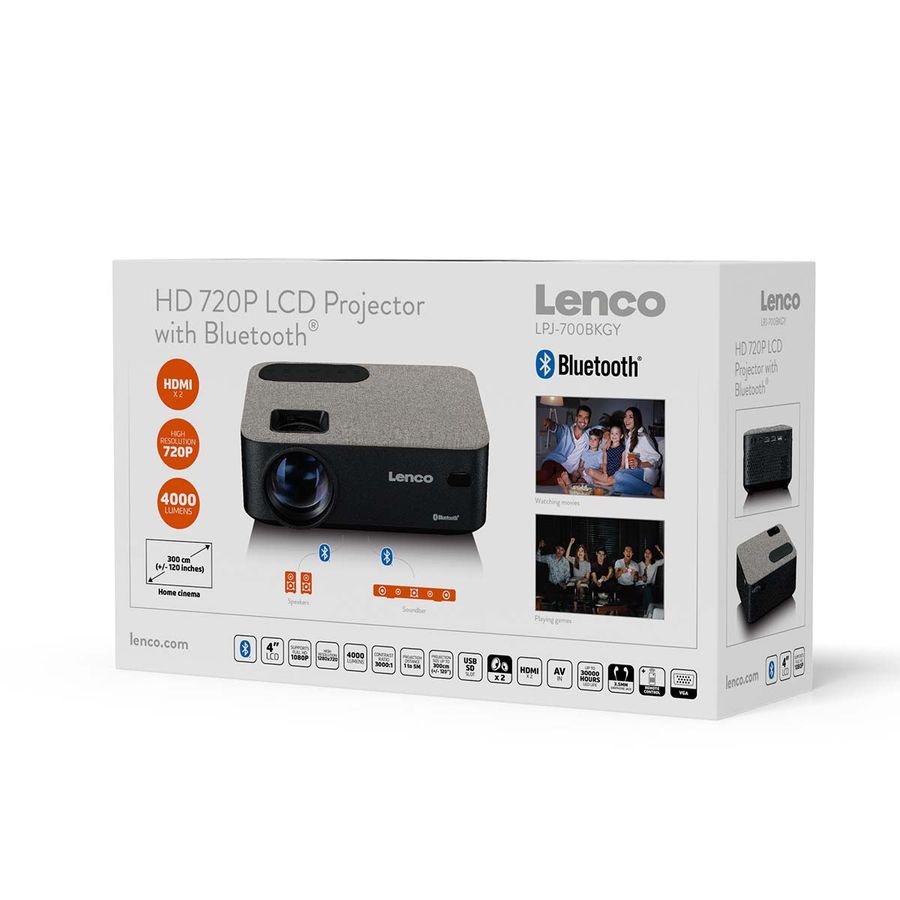 Lenco HD 720P LCD-projektor med Bluetooth grå, 4000 lumen, Full HD 1080P
