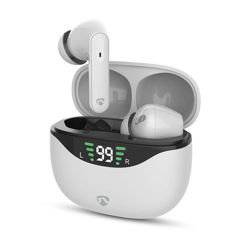 Nedis Pods ANC (Active Noise Cancelling, Bluetooth, 30 timer, Touch kontroll, Trådløs ladeetui, Innebygd mikrofon, hvit