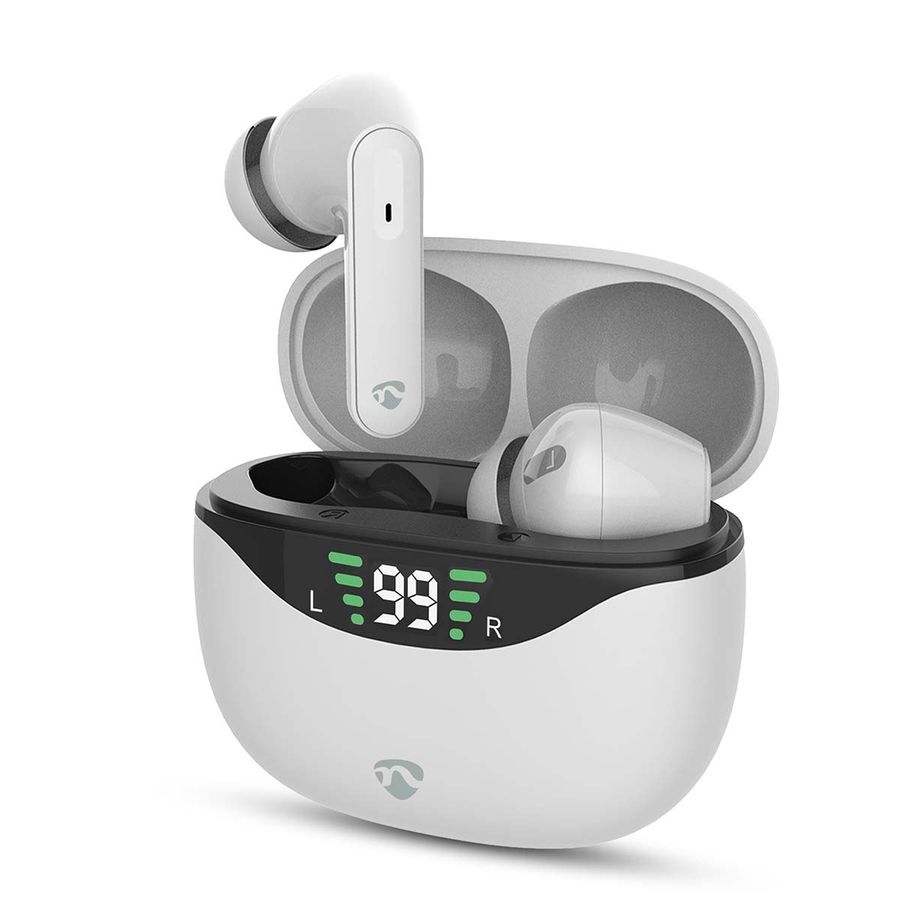 Nedis Pods ANC (Active Noise Cancelling, Bluetooth, 30 timer, Touch kontroll, Trådløs ladeetui, Innebygd mikrofon, hvit