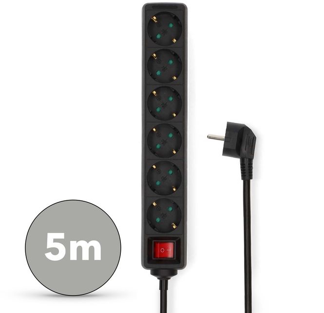 Hovedbilde Nedis 6-veis strømforgrener, 5m kabel, 3680W, 16A, Av/på-bryter, Sort