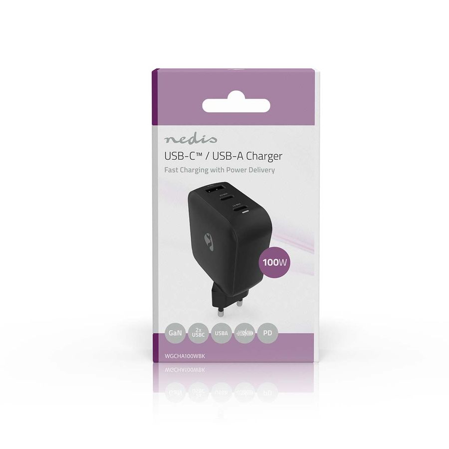 Nedis 100W 2 x USB-C + USB-A lader med Hurtigladefunksjon