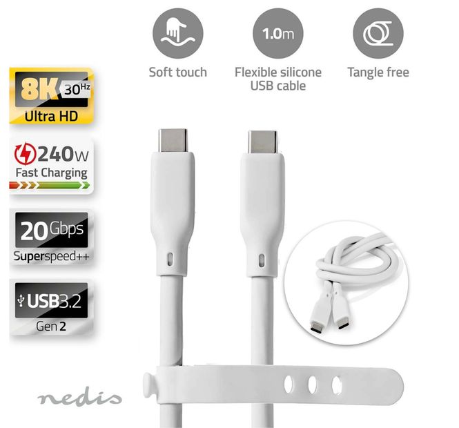 Hovedbilde Nedis USB-C 3.2 Gen 2 kabel, USB-C, 20 Gbps, 240W, high-speed, 1M, hvit