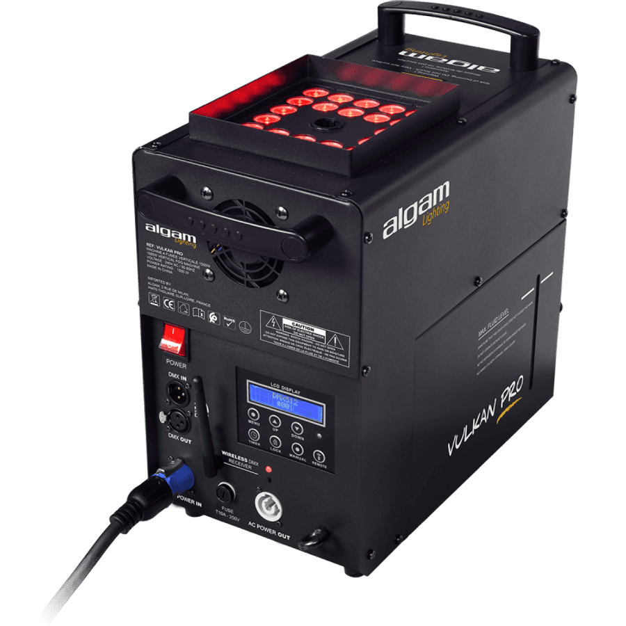 Algam Lighting VULKAN PRO Vertical-horizontal røykmaskin m/24x3W RGB LEDs, Trådløs DMX