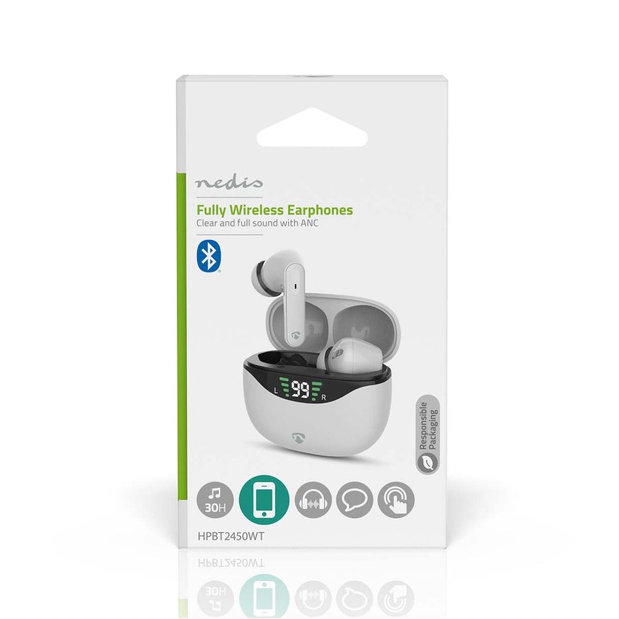 Nedis Pods ANC (Active Noise Cancelling, Bluetooth, 30 timer, Touch kontroll, Trådløs ladeetui, Innebygd mikrofon, hvit