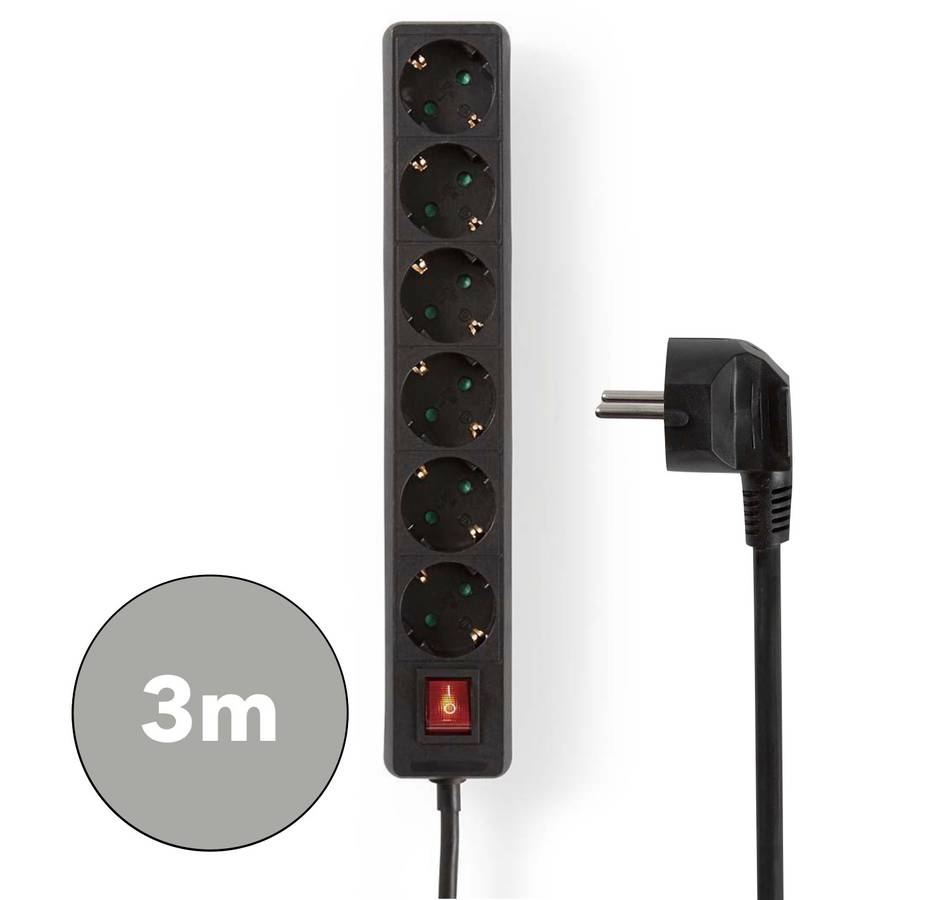Nedis 6-veis strømforgrener, Av/på-bryter, 3m, sort