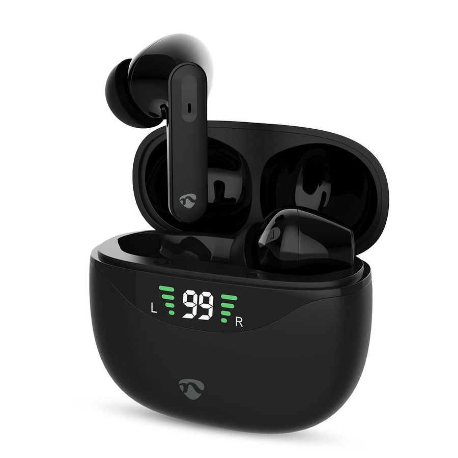 Nedis Pods ANC (Active Noise Cancelling, Bluetooth, 30 timer, Touch kontroll, Trådløs ladeetui, Innebygd mikrofon, sort