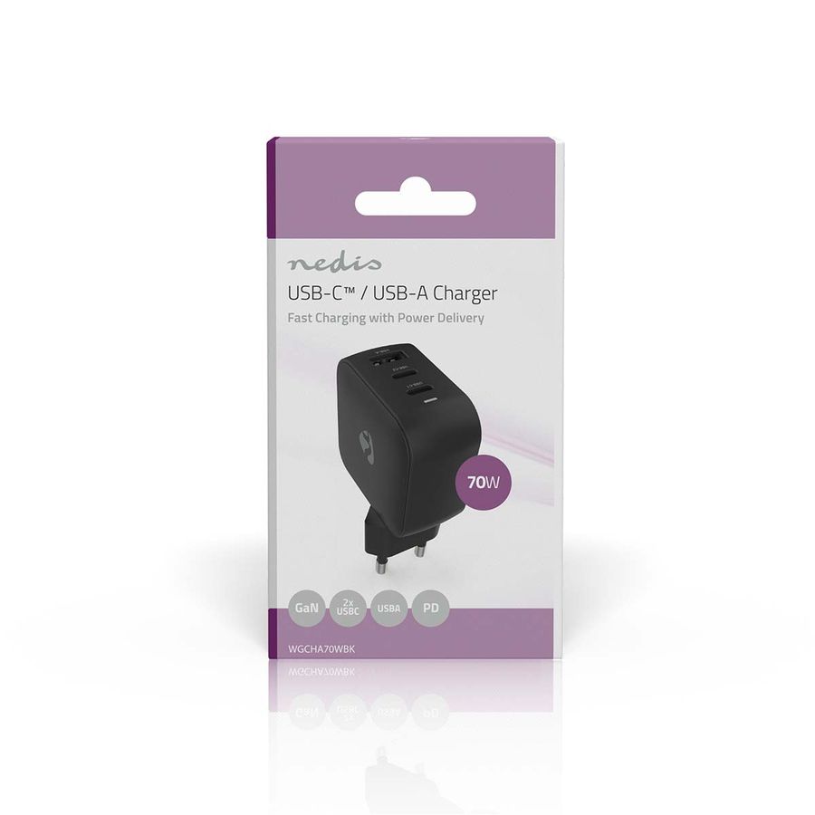 Nedis 70W 2 x USB-C + USB-A lader med Hurtigladefunksjon